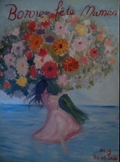 Bouquet de fleurs colorées dans les bras d'une silhouette féminine sur fond aquatique.