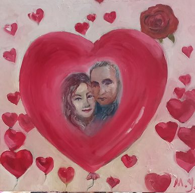 Portrait d'un couple, entouré de cœurs rouges et d'une rose.